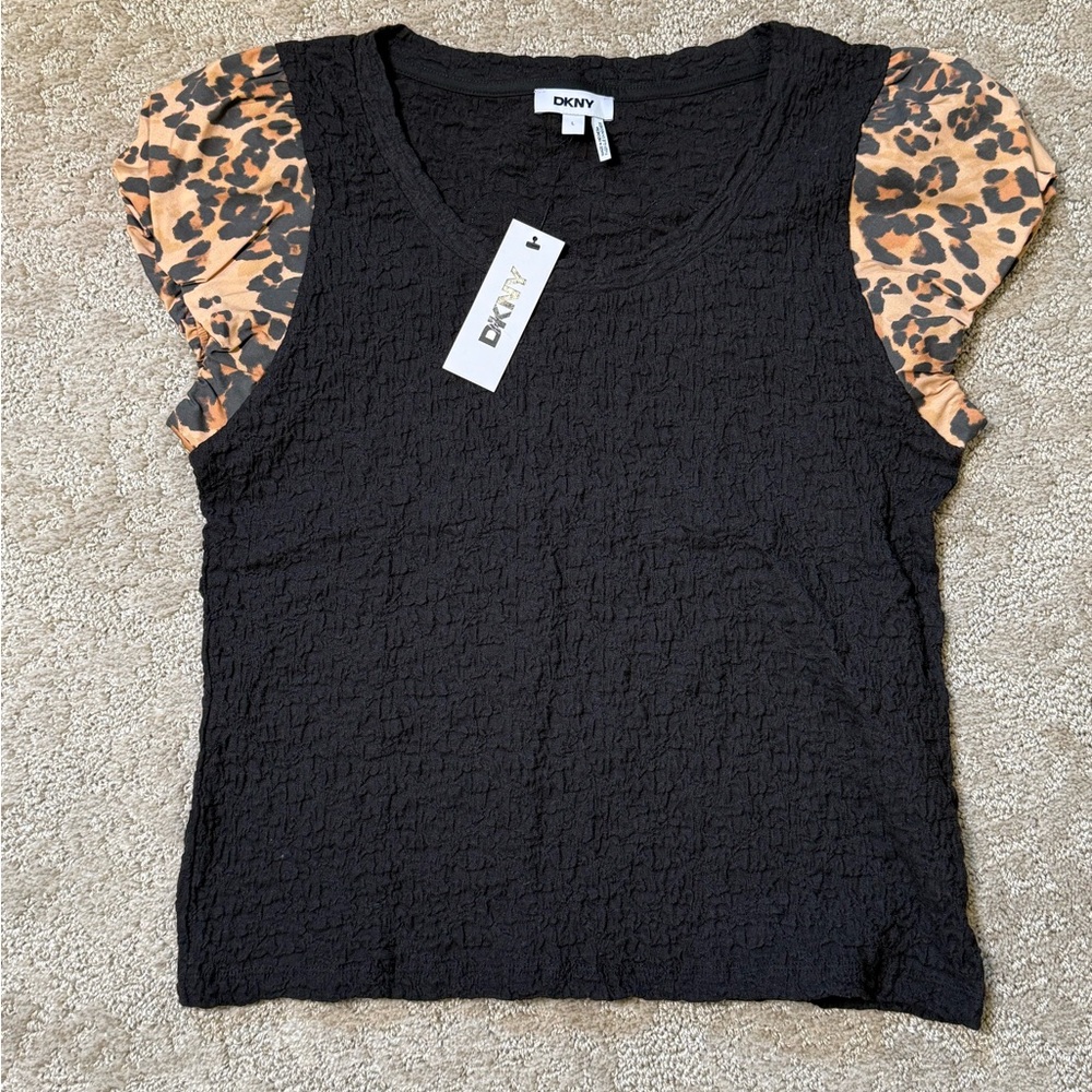 NWT DKNY Black Knit Top with Leopard-Print Puff Sleeves